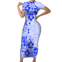 Fiji Masi With Hibiscus Tapa Tribal Short Sleeve Bodycon Dress Blue Pastel LT01 Long Dress Blue - Polynesian Pride