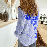 Fiji Masi With Hibiscus Tapa Tribal Women Casual Shirt Blue Pastel LT01 - Polynesian Pride