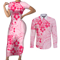 Fiji Masi With Hibiscus Tapa Tribal Couples Matching Short Sleeve Bodycon Dress and Long Sleeve Button Shirt Pink Pastel LT01 Pink - Polynesian Pride