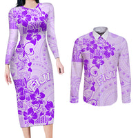 Fiji Masi With Hibiscus Tapa Tribal Couples Matching Long Sleeve Bodycon Dress and Long Sleeve Button Shirt Purple Pastel LT01 Purple - Polynesian Pride