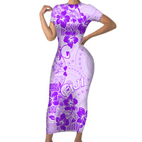Fiji Masi With Hibiscus Tapa Tribal Short Sleeve Bodycon Dress Purple Pastel LT01 Long Dress Purple - Polynesian Pride