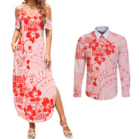 Fiji Masi With Hibiscus Tapa Tribal Couples Matching Summer Maxi Dress and Long Sleeve Button Shirt Red Pastel LT01 Red - Polynesian Pride