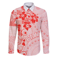 Fiji Masi With Hibiscus Tapa Tribal Family Matching Off Shoulder Short Dress and Hawaiian Shirt Red Pastel LT01 Dad's Shirt - Long Sleeve Red - Polynesian Pride