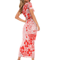 Fiji Masi With Hibiscus Tapa Tribal Short Sleeve Bodycon Dress Red Pastel LT01 - Polynesian Pride
