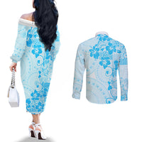 Fiji Masi With Hibiscus Tapa Tribal Couples Matching Off The Shoulder Long Sleeve Dress and Long Sleeve Button Shirt Sky Blue Pastel LT01 - Polynesian Pride