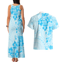 Fiji Masi With Hibiscus Tapa Tribal Couples Matching Tank Maxi Dress and Hawaiian Shirt Sky Blue Pastel LT01 - Polynesian Pride