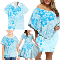 Fiji Masi With Hibiscus Tapa Tribal Family Matching Off Shoulder Short Dress and Hawaiian Shirt Sky Blue Pastel LT01 - Polynesian Pride