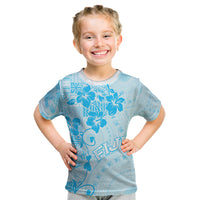 Fiji Masi With Hibiscus Tapa Tribal Kid T Shirt Sky Blue Pastel LT01 Blue - Polynesian Pride