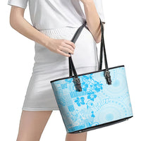 Fiji Masi With Hibiscus Tapa Tribal Leather Tote Bag Sky Blue Pastel LT01 - Polynesian Pride
