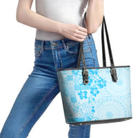Fiji Masi With Hibiscus Tapa Tribal Leather Tote Bag Sky Blue Pastel LT01 - Polynesian Pride