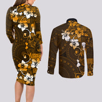 Fiji Masi With Hibiscus Tapa Tribal Couples Matching Long Sleeve Bodycon Dress and Long Sleeve Button Shirt Gold Version LT01 - Polynesian Pride
