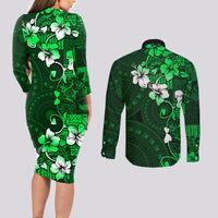 Fiji Masi Couples Matching Long Sleeve Bodycon Dress and Long Sleeve Button Shirt Fijian Hibiscus Tapa Green Version LT01 - Polynesian Pride