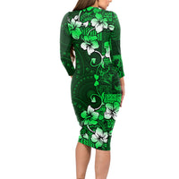 Fiji Masi Long Sleeve Bodycon Dress Fijian Hibiscus Tapa Green Version LT01 - Polynesian Pride