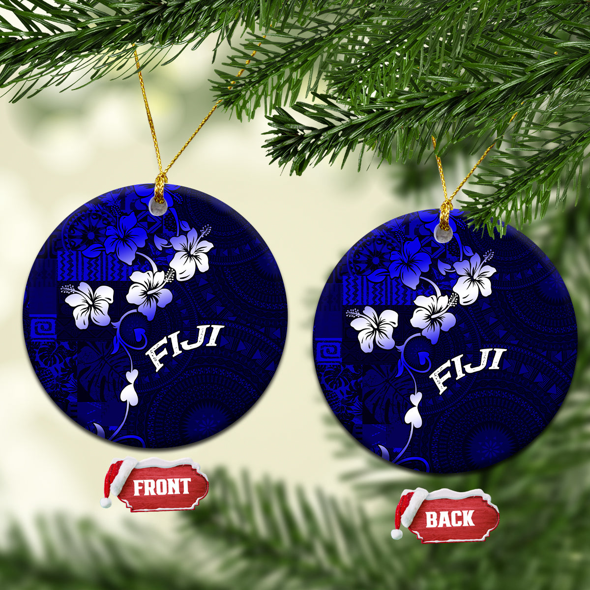 Fiji Masi Ceramic Ornament Fijian Hibiscus Navy Blue Gold Version LT01 Circle Blue - Polynesian Pride