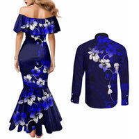 Fiji Masi Couples Matching Mermaid Dress and Long Sleeve Button Shirt Fijian Hibiscus Navy Blue Gold Version LT01 - Polynesian Pride