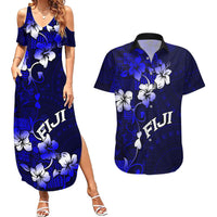 Fiji Masi Couples Matching Summer Maxi Dress and Hawaiian Shirt Fijian Hibiscus Navy Blue Gold Version LT01 Blue - Polynesian Pride