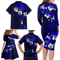Fiji Masi Family Matching Long Sleeve Bodycon Dress and Hawaiian Shirt Fijian Hibiscus Navy Blue Gold Version LT01 - Polynesian Pride
