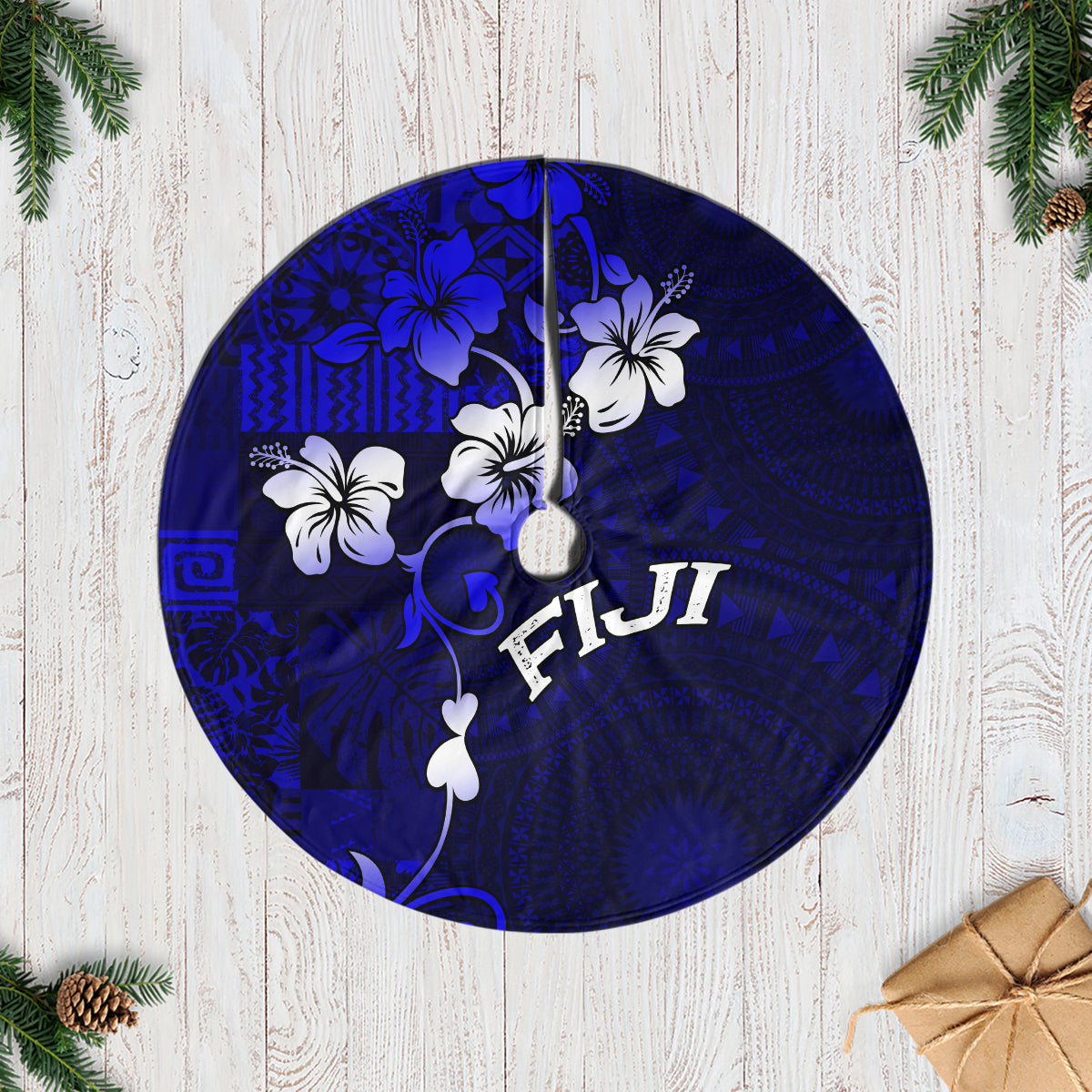 Fiji Masi Tree Skirt Fijian Hibiscus Navy Blue Gold Version LT01 Casual Tree Skirts Blue - Polynesian Pride