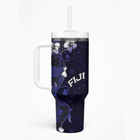 Fiji Masi Tumbler With Handle Fijian Hibiscus Tapa Navy Blue Version