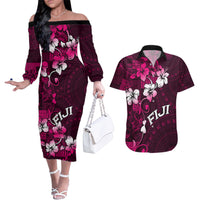 Fiji Masi Couples Matching Off The Shoulder Long Sleeve Dress and Hawaiian Shirt Fijian Hibiscus Tapa Pink Version LT01 Pink - Polynesian Pride