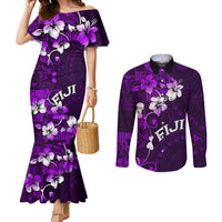 Fiji Masi Couples Matching Mermaid Dress and Long Sleeve Button Shirt Fijian Hibiscus Tapa Purple Version LT01 Purple - Polynesian Pride