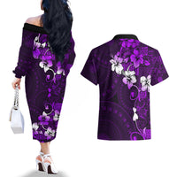 Fiji Masi Couples Matching Off The Shoulder Long Sleeve Dress and Hawaiian Shirt Fijian Hibiscus Tapa Purple Version LT01 - Polynesian Pride