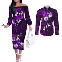 Fiji Masi Couples Matching Off The Shoulder Long Sleeve Dress and Long Sleeve Button Shirt Fijian Hibiscus Tapa Purple Version LT01 Purple - Polynesian Pride