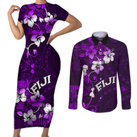 Fiji Masi Couples Matching Short Sleeve Bodycon Dress and Long Sleeve Button Shirt Fijian Hibiscus Tapa Purple Version LT01 Purple - Polynesian Pride