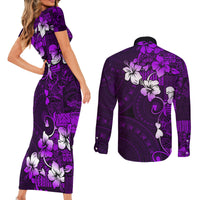 Fiji Masi Couples Matching Short Sleeve Bodycon Dress and Long Sleeve Button Shirt Fijian Hibiscus Tapa Purple Version LT01 - Polynesian Pride