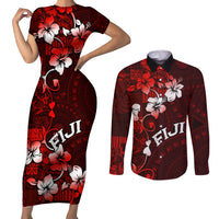 Fiji Masi Couples Matching Short Sleeve Bodycon Dress and Long Sleeve Button Shirt Fijian Hibiscus Tapa Red Version LT01 Red - Polynesian Pride