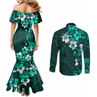 Fiji Masi Couples Matching Mermaid Dress and Long Sleeve Button Shirt Fijian Hibiscus Tapa Turquoise Version LT01 - Polynesian Pride