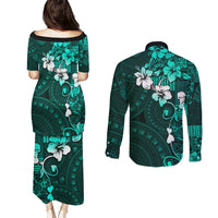 Fiji Masi Couples Matching Puletasi Dress and Long Sleeve Button Shirt Fijian Hibiscus Tapa Turquoise Version LT01 - Polynesian Pride