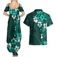 Fiji Masi Couples Matching Summer Maxi Dress and Hawaiian Shirt Fijian Hibiscus Tapa Turquoise Version LT01 - Polynesian Pride