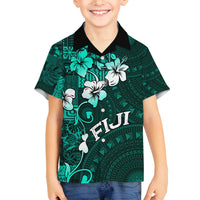 Fiji Masi Family Matching Long Sleeve Bodycon Dress and Hawaiian Shirt Fijian Hibiscus Tapa Turquoise Version LT01 Son's Shirt Turquoise - Polynesian Pride