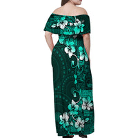 Fiji Masi Family Matching Off Shoulder Maxi Dress and Hawaiian Shirt Fijian Hibiscus Tapa Turquoise Version LT01 - Polynesian Pride