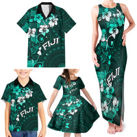 Fiji Masi Family Matching Tank Maxi Dress and Hawaiian Shirt Fijian Hibiscus Tapa Turquoise Version LT01 - Polynesian Pride
