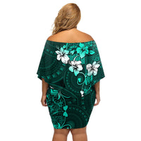 Fiji Masi Off Shoulder Short Dress Fijian Hibiscus Tapa Turquoise Version LT01 - Polynesian Pride
