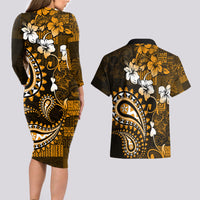 Fiji Masi Paisley With Hibiscus Tapa Couples Matching Long Sleeve Bodycon Dress and Hawaiian Shirt Gold Version LT01 - Polynesian Pride