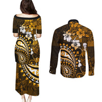 Fiji Masi Paisley With Hibiscus Tapa Couples Matching Puletasi Dress and Long Sleeve Button Shirt Gold Version LT01 - Polynesian Pride