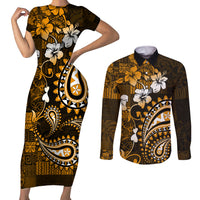 Fiji Masi Paisley With Hibiscus Tapa Couples Matching Short Sleeve Bodycon Dress and Long Sleeve Button Shirt Gold Version LT01 Gold - Polynesian Pride