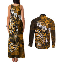 Fiji Masi Paisley With Hibiscus Tapa Couples Matching Tank Maxi Dress and Long Sleeve Button Shirt Gold Version LT01 - Polynesian Pride