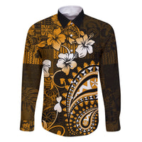 Fiji Masi Paisley With Hibiscus Tapa Family Matching Tank Maxi Dress and Hawaiian Shirt Gold Version LT01 Dad's Shirt - Long Sleeve Gold - Polynesian Pride