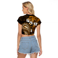 Fiji Masi Paisley With Hibiscus Tapa Raglan Cropped T Shirt Gold Version LT01 - Polynesian Pride