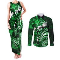 Fiji Masi Paisley With Hibiscus Tapa Couples Matching Tank Maxi Dress and Long Sleeve Button Shirt Green Version LT01 Green - Polynesian Pride