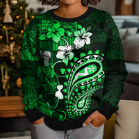 Fiji Masi Paisley With Hibiscus Tapa Kid Ugly Christmas Sweater Green Version LT01 - Polynesian Pride