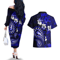 Fiji Masi Paisley With Hibiscus Tapa Couples Matching Off The Shoulder Long Sleeve Dress and Hawaiian Shirt Navy Blue Version LT01 - Polynesian Pride