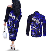 Fiji Masi Paisley With Hibiscus Tapa Couples Matching Off The Shoulder Long Sleeve Dress and Long Sleeve Button Shirt Navy Blue Version LT01 - Polynesian Pride