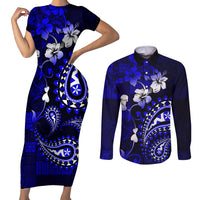 Fiji Masi Paisley With Hibiscus Tapa Couples Matching Short Sleeve Bodycon Dress and Long Sleeve Button Shirt Navy Blue Version LT01 Blue - Polynesian Pride