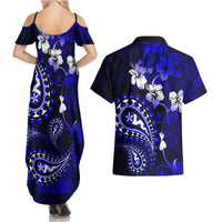 Fiji Masi Paisley With Hibiscus Tapa Couples Matching Summer Maxi Dress and Hawaiian Shirt Navy Blue Version LT01 - Polynesian Pride