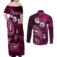 Fiji Masi Paisley With Hibiscus Tapa Couples Matching Off Shoulder Maxi Dress and Long Sleeve Button Shirt Pink Version LT01 - Polynesian Pride